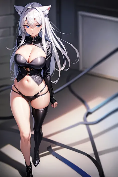 silver hair, blue eyes, cat ears, navel, cleavage, neat black uniform, long straight hair, sleepy expression, very large breasts, slightly approximate, leash