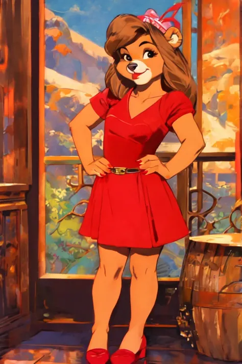 fashionable 60s young lady bear, red_dress, girlfriend, wife, cute pose, art by robert mcginnis