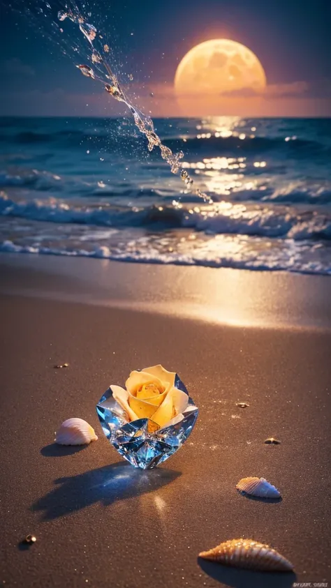 splash,explosion, Flower rose and big shiny seashell, Diamond Crystal, At the Beach, Fantasy, Sky Night , moon, cigarette , photograph, High resolution, 8K , Realistic, High resolution, Complex, 8K, Very detailed,fun, Sharp focus,