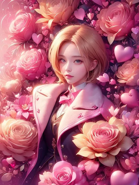 ((masterpiece)), 1woman, ((upper body)), , brown pea coat, 20years old, blonde hair, pink inner hair, short hair, valentine's pr...