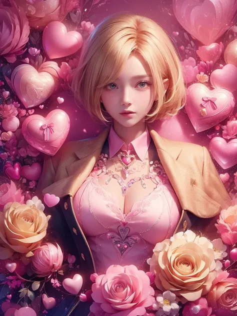 ((masterpiece)), 1woman, ((upper body)), , brown pea coat, 20years old, blonde hair, pink inner hair, short hair, valentine's pr...