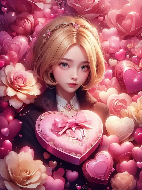 ((masterpiece)), 1woman, ((upper body)), , brown pea coat, 20years old, blonde hair, pink inner hair, short hair, valentine's pr...