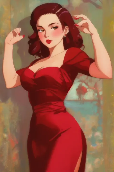 fashionable 30s rebecca cunningham lady bear, red_dress, girlfriend, cute pose, art by robert mcginnis