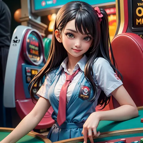 happy and smile, {{indonesian girl}}, {wearing high school uniform}, teasing and waiting customer play, standing, playing in casino, red casino background, polite and kind, Sweet Face, roulette table, poker table, big slot machines right and left, win jack...