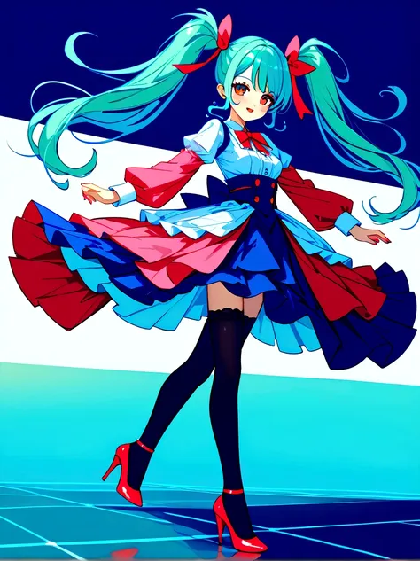 (a young woman with cyan hair in double ponytails:1.5)，wearing a futuristic outfit，consists of an electronic-themed dress，(she w...