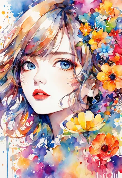 beautiful woman portrait, sylvia pelissero watercolors, colorful flowers、beautiful eyes、 abstract art, intense watercolor, water...