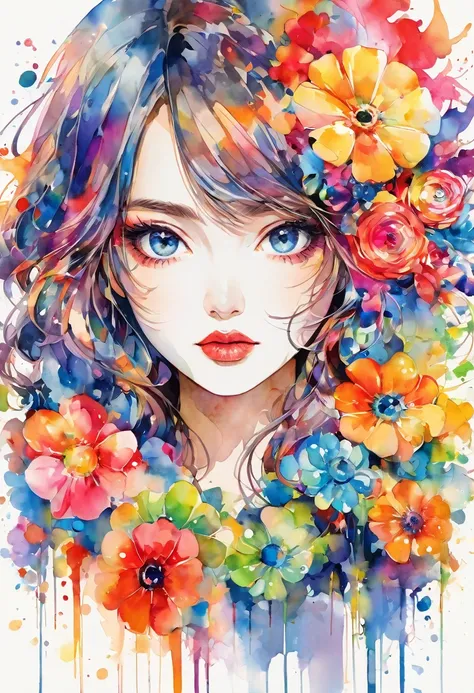 beautiful woman portrait, sylvia pelissero watercolors, colorful flowers、beautiful eyes、 abstract art, intense watercolor, water...