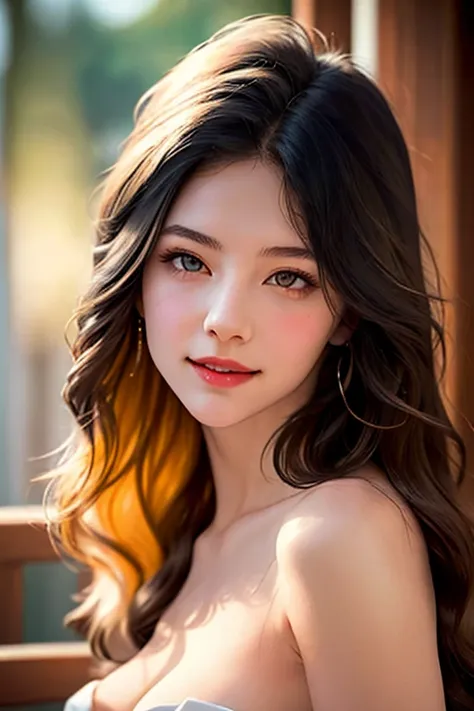 realistic, ultra-detailed, surreal, 1girl, smile, soft expression, clear skin, long eyelashes, flowing hair, windblown hair, sof...