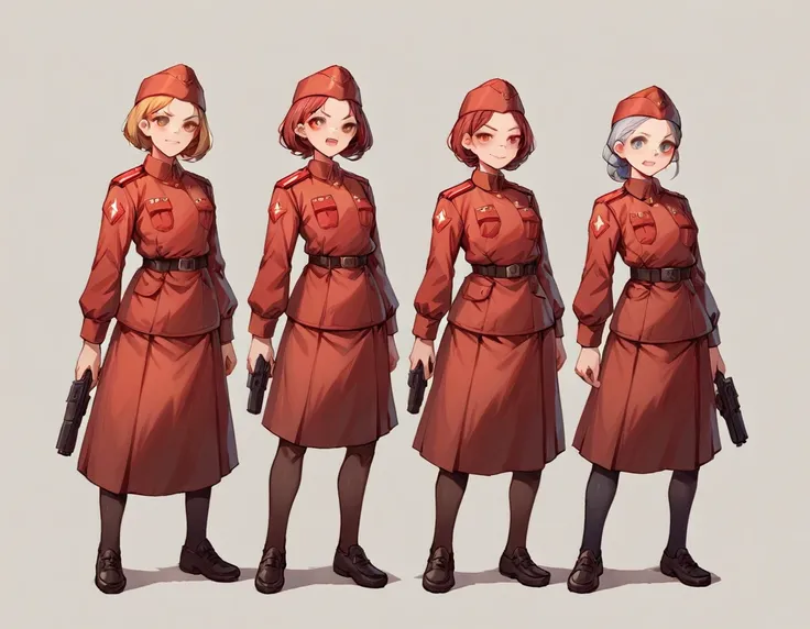 a platoon of girls wearing bright red military uniforms and long red skirts、a girl platoon leader wearing a red military uniform...