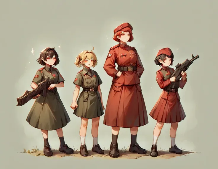 a platoon of girls wearing bright red military uniforms and long red skirts、a girl platoon leader wearing a red military uniform...