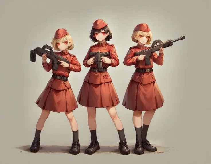 a platoon of girls wearing bright red military uniforms and long red skirts、a girl platoon leader wearing a red military uniform...