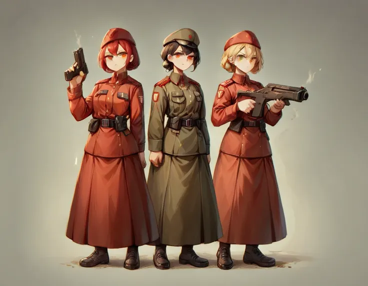 a platoon of girls wearing bright red military uniforms and long red skirts、a pair of platoon leaders and soldiers wearing red m...