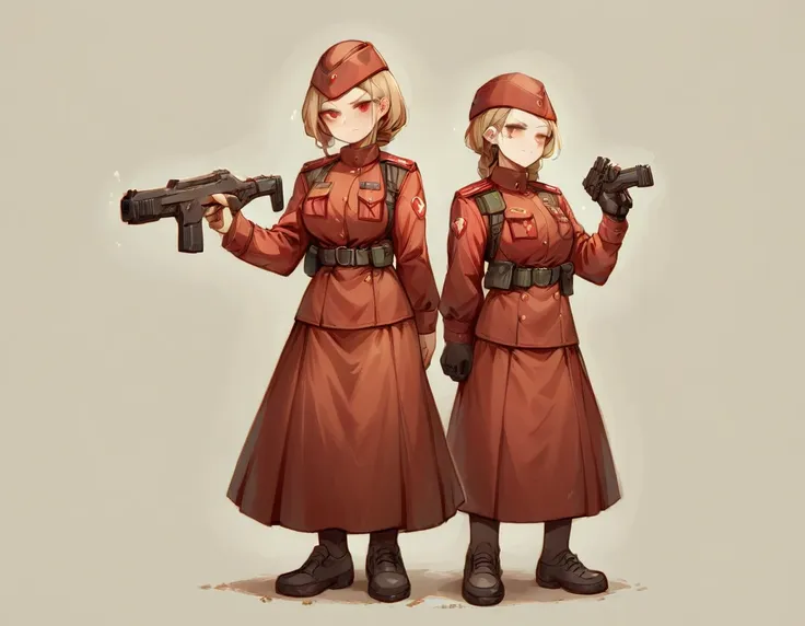 a platoon of girls wearing bright red military uniforms and long red skirts、a pair of platoon leaders and soldiers wearing red m...