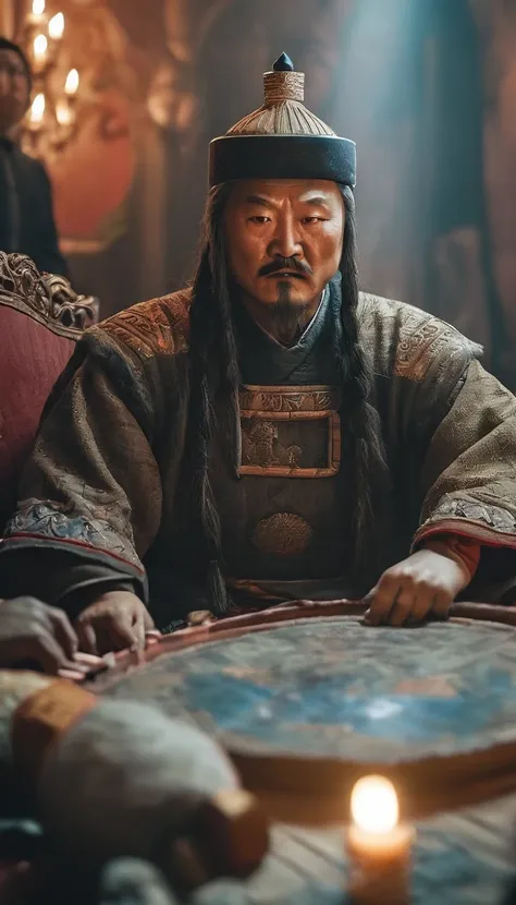 genghis khan with his family, showing a more personal and human side of the leader, background dark, hyper realistic, ultra deta...