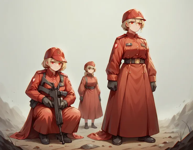 a platoon of girls wearing bright red military uniforms and long red skirts、a pair of girl platoon leaders and girl soldiers wea...