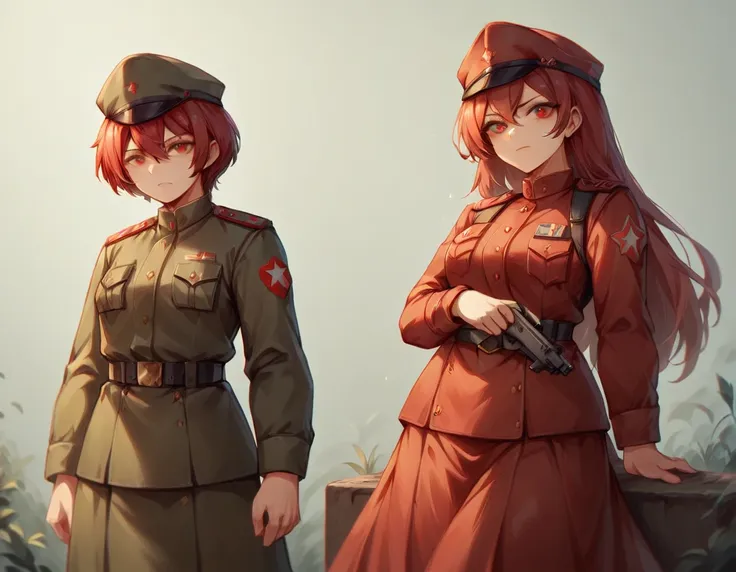 a platoon of girls wearing bright red military uniforms and long red skirts、a pair of girl platoon leaders and girl soldiers wea...