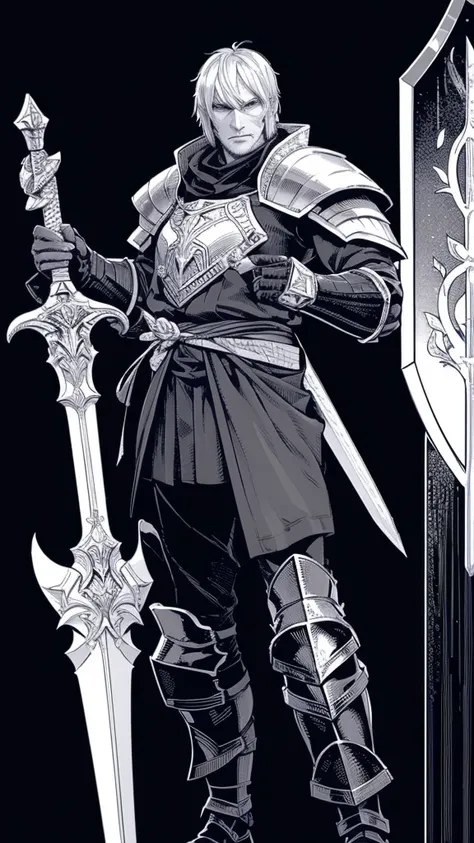 a close up of a person with a sword and a shield, a human male paladin, with large sword, from pathfinder, male paladin, cleric,...