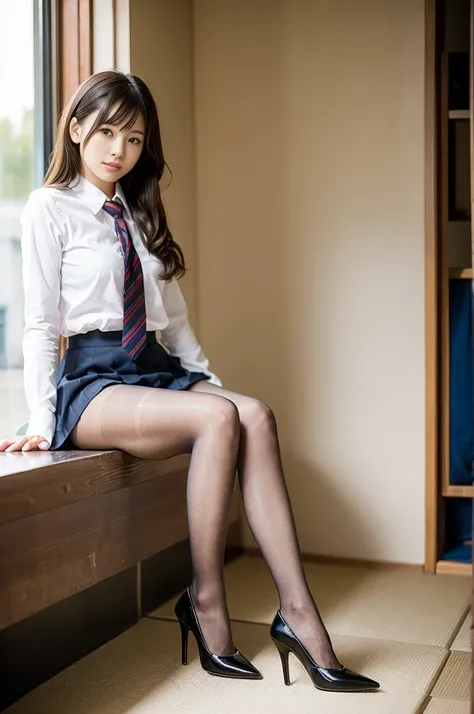 Pure Japanese school girl, natural body, beautiful legs, classic uniforms, high heels, (natural pantyhose), panty, lift up skirt, sitting, dazzling summer sunlight, sweet temptation, 