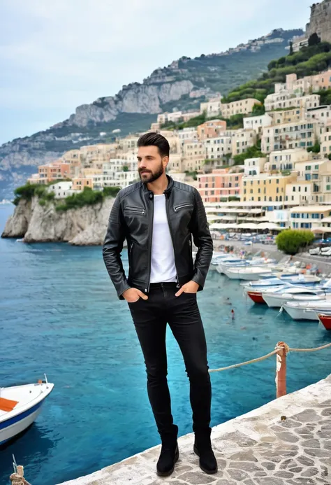 A 35 years old man, with a black pants,white social shirt, italian background, hands on the pocket, a black leather jacket with zippers and zippered sleeves, black leather slim clothes, black leather garment, very aesthetic leather jacket, leather jackets,...