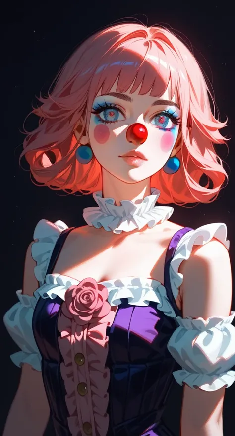 a beautiful anime girl clown in a dark room, gorgeous detailed face, mesmerizing eyes, lush eyelashes, delicate lips, round cheeks, whimsical expression, colorful clown makeup, ruffled collar, puffed sleeves, opulent gown, luxurious fabrics, tattered edges...