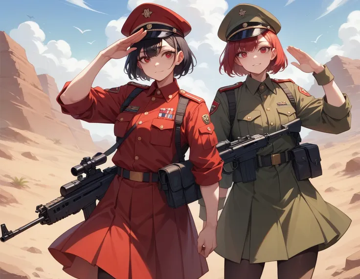 A platoon of girls wearing bright red military uniforms and long red skirts、A pair of a girl platoon leader and a  soldier wearing a red military uniform and a red long skirt and equipped with an assault rifle、desert、Most salute