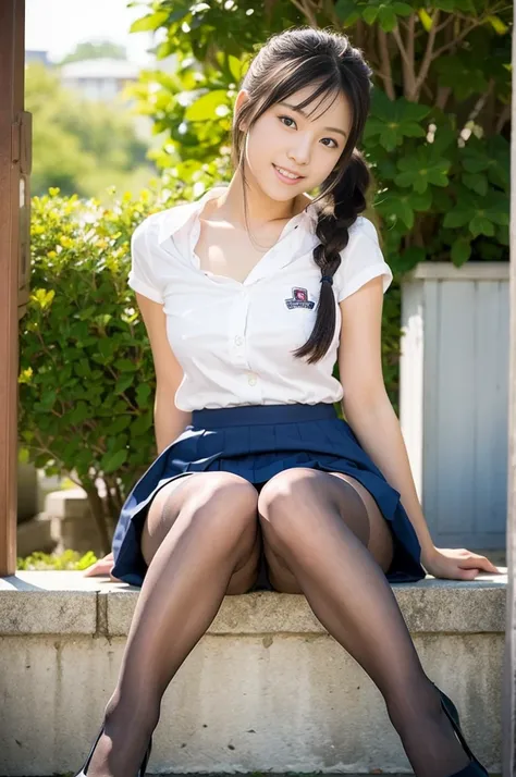 Pure Japanese school girl, no makeup, ponytail, natural body, beautiful legs, classic uniforms, high heels, (pantyhose), panty, lift up skirt, sitting, dazzling summer sunlight, sweet temptation, 