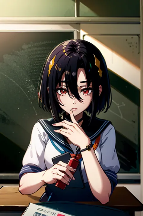 masterpiece, highest quality, one girl, alone, ep phenyl, short hair, black hair, red eyes, hair between the eyes,necklace, , sa...