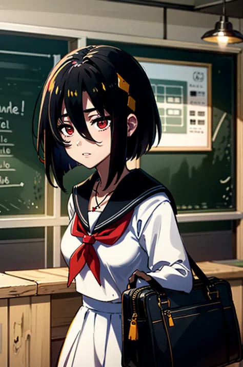 masterpiece, highest quality, one girl, alone, ep phenyl, short hair, black hair, red eyes, hair between the eyes,necklace, , sa...