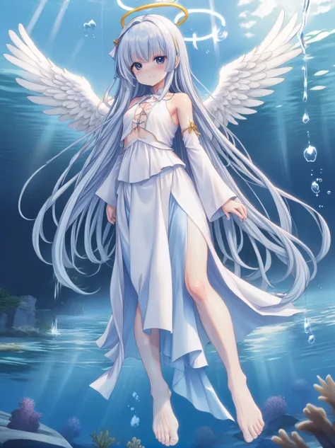 partially underwater, lakeの女神, Long Hair, Wet Hair,lake,8-year-old、Flat Chest、one piece、Above the water line from the neck、Body in water, ,The skirt flips up due to buoyancy、Angel Halo