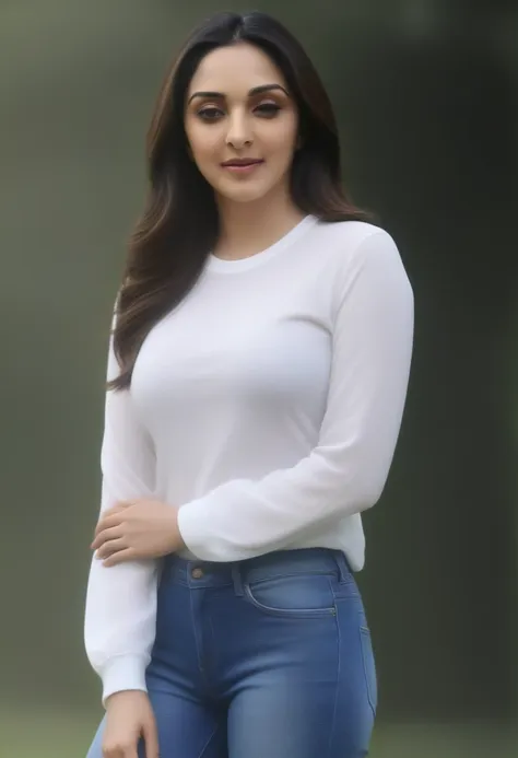 ((best quality)), ((masterpiece)), (detailed), (kiara advani ) , wearing long sleeves white printed t-shirt and blue jeans , in ...