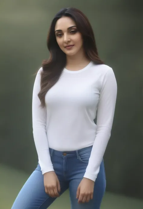 ((best quality)), ((masterpiece)), (detailed), (kiara advani ) , wearing long sleeves white printed t-shirt and blue jeans , in garden 