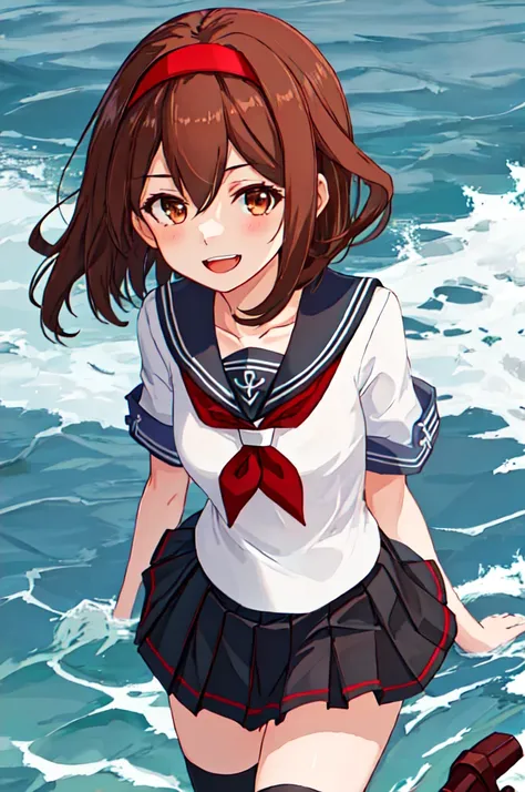 highest quality, masterpiece, high resolution, 一人in, {shirinsuyu_kantai collection:1.15}, brown_hair, brown_eye, hairband, red_h...