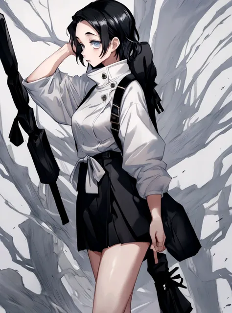 1 girl,tall,short black hair,blue eyes,black jacket,white shirt,black skirt,sword,vissible legs,huge