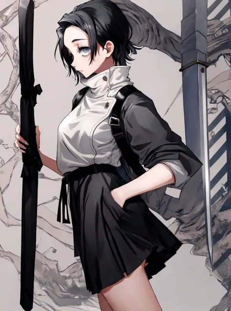 1 girl,tall,short black hair,blue eyes,black jacket,white shirt,black skirt,sword,vissible legs,huge