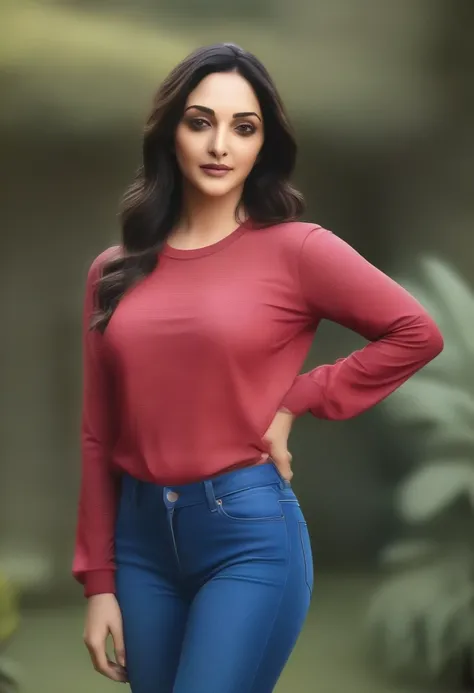 ((best quality)), ((masterpiece)), (detailed), (kiara advani ) , wearing long sleeves red printed t-shirt and blue jeans , in ga...