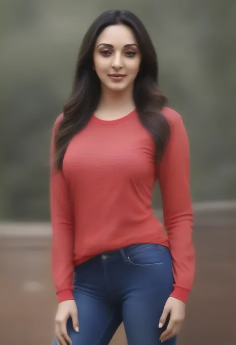 ((best quality)), ((masterpiece)), (detailed), (kiara advani ) , wearing long sleeves red printed t-shirt and blue jeans , in ga...