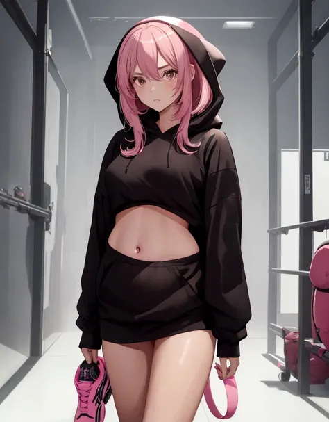 1 girl,tall,black hoodie,black shirt,belly vissible,legs vissible,pink shoes,long pink hair,brown eyes,pink shoes,huge ,looking ...