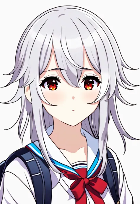 Create a cute tsundere with white hair and red streaks in high school outfit 