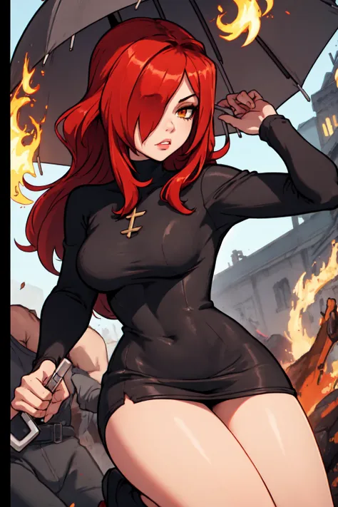 parasoul, 1girl, solo, long red hair, black clothes, holding umbrella, 1 umbrella, long and closed, in combat, movement, fire, v...