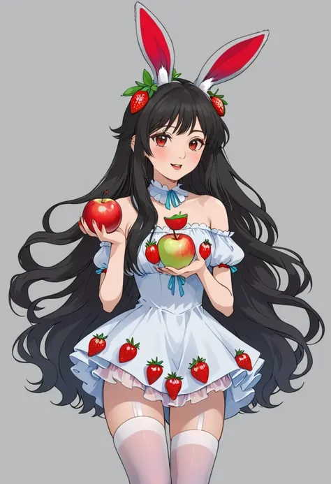 1girl,animal ears,apple,black hair,cherry,dress,food,fruit,gradient,gradient background,grey background,holding food,holding fruit,long hair,pantyhose,rabbit ears,red apple,solo,strawberry,very long hair,white legwear