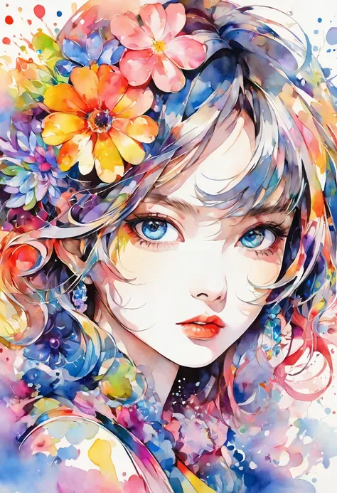 beautiful woman portrait, sylvia pelissero watercolors, colorful flowers、beautiful eyes、 abstract art, intense watercolor, water...