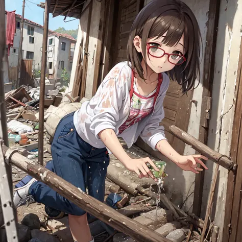 Surprise expression、soaked、Glasses、NFSW、Wandering the slums、Tattered clothes、Torn and muddy、傾いたGlasses
