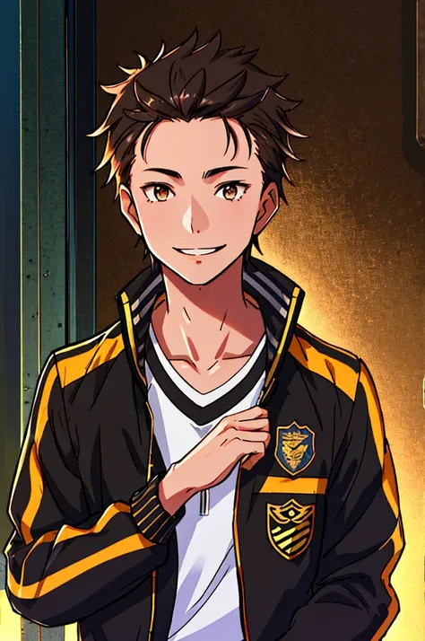 hight resolution, Sharp Focus, Pixiv masterpiece, ((Intricate details)), Highly detailed, natsuki_Subaru, 1boy, Brown eyes, Jacket, Upper body, Black hair, Smile, Track jacket, hair slicked back,