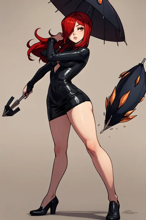 parasoul, 1girl, solo, long red hair, black clothes, holding umbrella, 1 long umbrella, in combat, movement, very short dress, e...