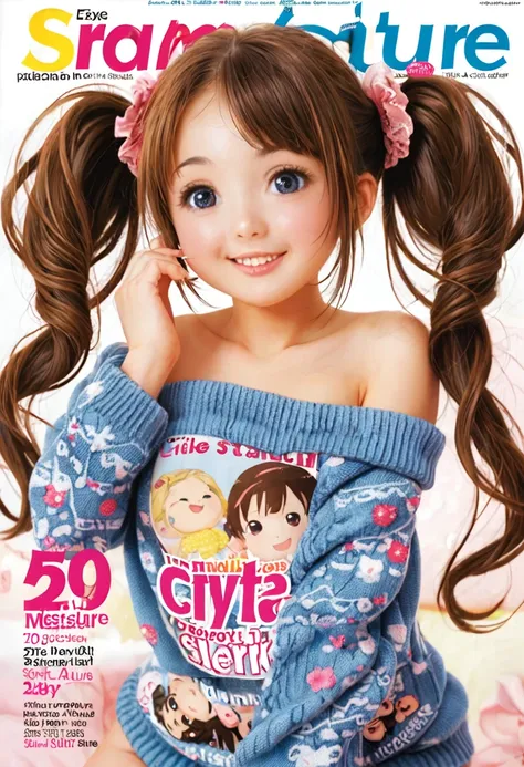 magazine cover,twin tails,cute little girl(wear an off-shoulder sweater),,(smooth skin),e7e48u，small stature，small breasts