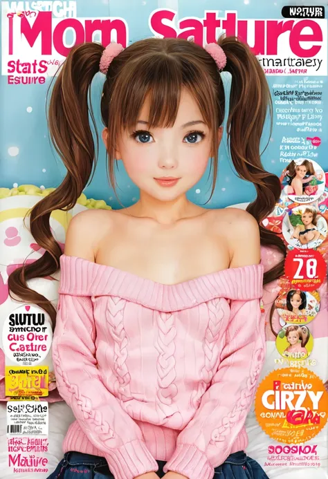 magazine cover,twin tails,cute little girl(wear an off-shoulder sweater),,(smooth skin),e7e48u，small stature，small breasts