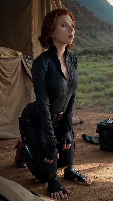 Scarlett Johansson black widow, outside: stands on all fours, big bust hanging down. 