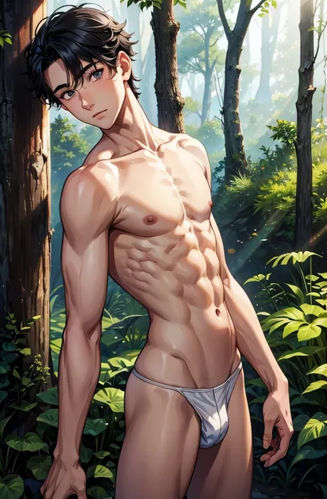 18-year-old boy, Upper body naked, White underwear ,Smooth Skin,Forest,  Black Hair,   Thin、Beautiful Boy、Japanese、Dark Eyes、whole body