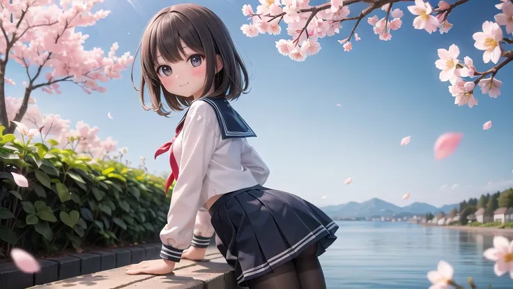 (masterpiece),  Outdoor,  cherry blossoms,  petal,  sunlight,  lake,  One Girl,  blush,  smile,  Medium Hair,  Sailor suit,Long skirt, Overgrown, petal, plant、Skirt lining、White slip、nostalgic、pantyhose（gray）、You can see the sea in the distance, Crotch clo...