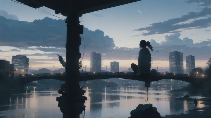 真っ暗なnight空,Octane, star (null), scenery, Blue parakeet,The acoustic guitar is in front of the body.,star, night, One Girl, Back view, alone, Outdoor, city,river,Blue parakeet,building, cloud, 天のriver, Sitting,silhouette